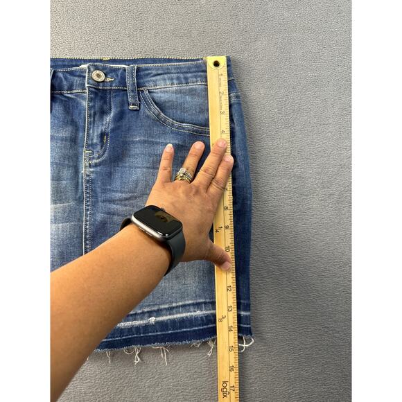 KANCAN Y2K‎ Distressed Frayed Raw Hem Denim Mini Jean Skirt Pockets Stretch 1/24 - Picture 5 of 8